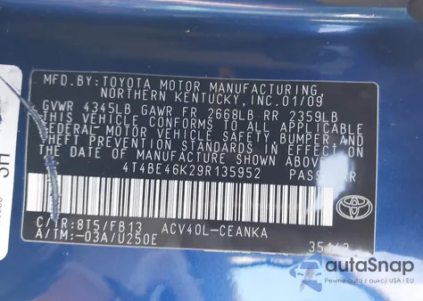 2009 Toyota Camry Le z USA, uszkodzony, nr VIN 4T4BE46K29R135952